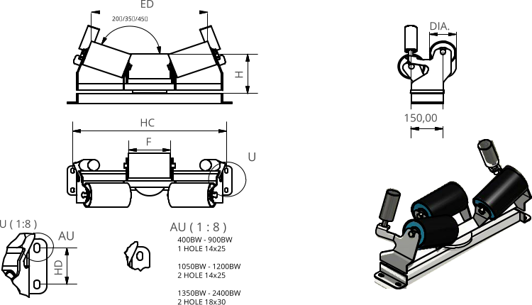 U ( 1:8 ) AU ( 1 : 8 ) U AU 400BW - 900BW 1 HOLE 14x25  1050BW - 1200BW2 HOLE 14x25   1350BW - 2400BW2 HOLE 18x30 H F DIA. 20/35/45 ED 150,00 HD HC