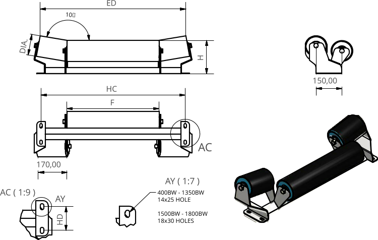 AC ( 1:9 ) AY ( 1:7 ) AC AY 10 F HC H DIA. 170,00 150,00 HD 400BW - 1350BW 14x25 HOLE  1500BW - 1800BW 18x30 HOLES ED
