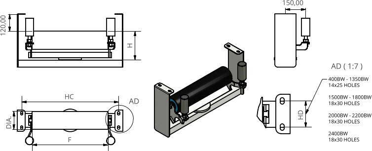 AD ( 1:7 ) AD F HD H 400BW - 1350BW 14x25 HOLES  1500BW - 1800BW 18x30 HOLES  2000BW - 2200BW 18x30 HOLES  2400BW 18x30 HOLES HC 120,00 DIA. 150,00