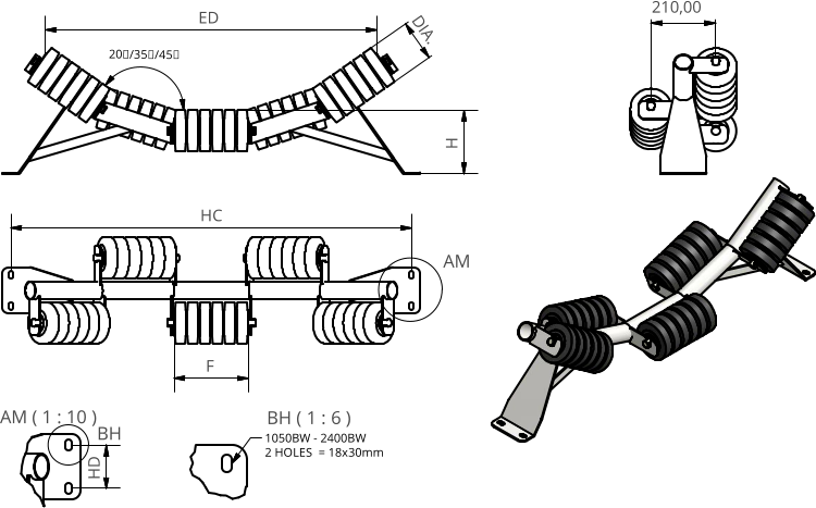 AM ( 1 : 10 ) BH ( 1 : 6 ) AM BH H HC HD 1050BW - 2400BW 2 HOLES  = 18x30mm 210,00 F DIA. 20/35/45 ED