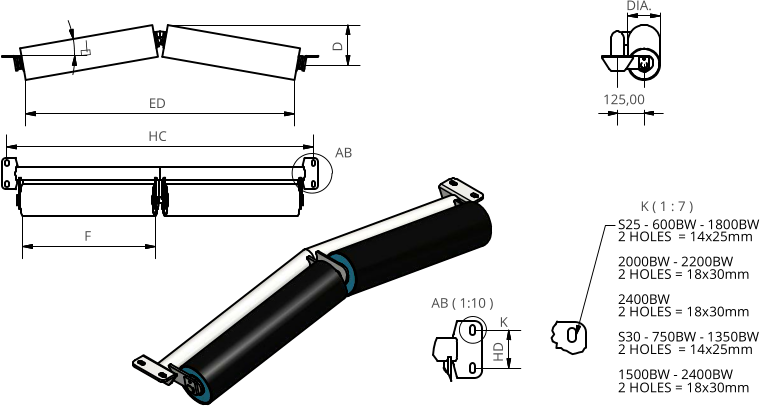 AB ( 1:10 ) K ( 1 : 7 ) AB K F HC D HD S25 - 600BW - 1800BW 2 HOLES  = 14x25mm 2000BW - 2200BW 2 HOLES = 18x30mm 2400BW 2 HOLES = 18x30mm S30 - 750BW - 1350BW 2 HOLES  = 14x25mm 1500BW - 2400BW 2 HOLES = 18x30mm  DIA. ED 125,00