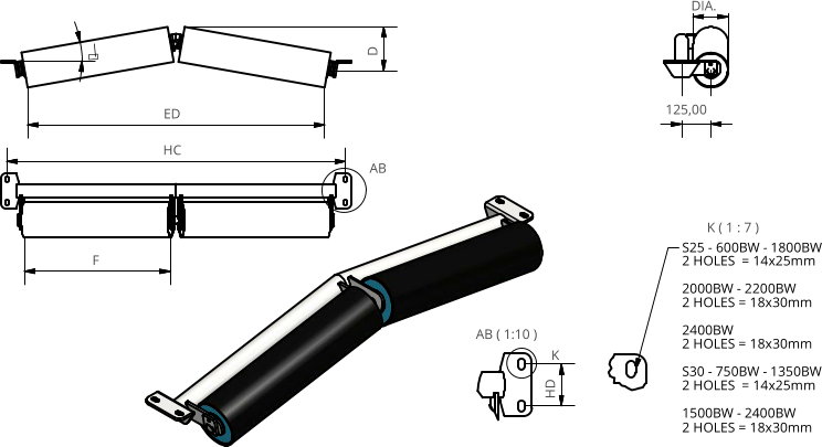 AB ( 1:10 ) K ( 1 : 7 ) AB K F HC D HD S25 - 600BW - 1800BW 2 HOLES  = 14x25mm 2000BW - 2200BW 2 HOLES = 18x30mm 2400BW 2 HOLES = 18x30mm S30 - 750BW - 1350BW 2 HOLES  = 14x25mm 1500BW - 2400BW 2 HOLES = 18x30mm  DIA. ED 125,00